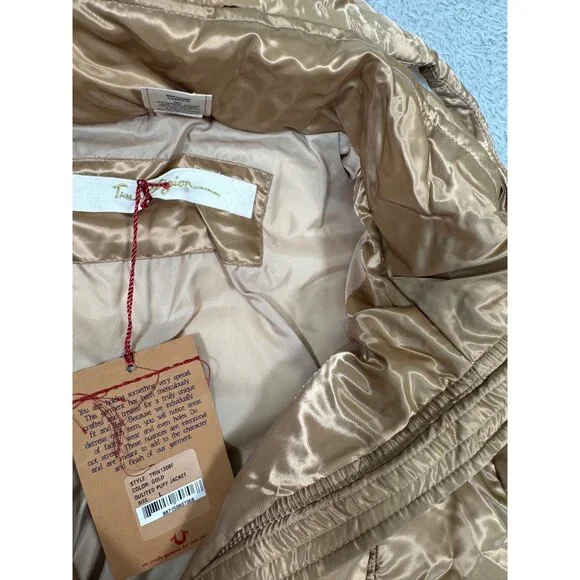 Quilted Gold Puff Jacket W/Hood Womens L True Religion Down & Feather Fill - Picture 15 of 16